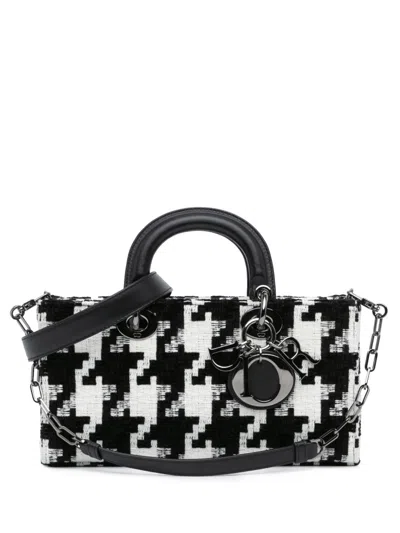 Pre-owned Dior 2022 Medium Canvas Macro Houndstooth Lady D Joy Satchel In Black