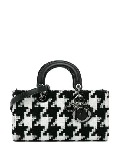 Pre-owned Dior 2022 Medium Canvas Macro Houndstooth Lady D Joy Satchel In Black