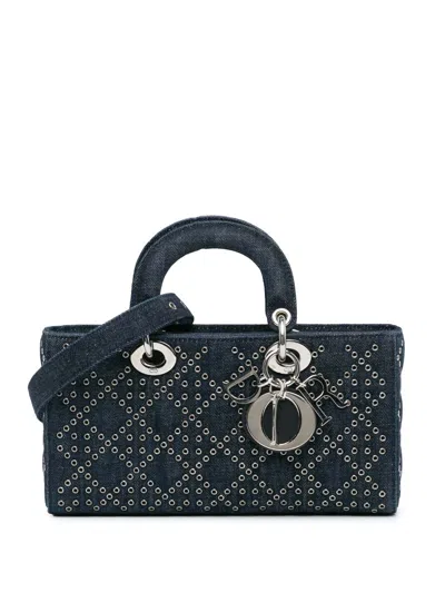 Pre-owned Dior 2022 Medium Denim Cannage Eyelet Lady D Joy Satchel In Blue
