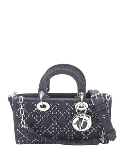 Pre-owned Dior 2022 Medium Denim Cannage Studded Lady D-joy Satchel In Blue