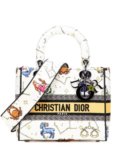 Pre-owned Dior 2022 Medium Embroidered Canvas Pixel Zodiac Lady D Lite Satchel In White