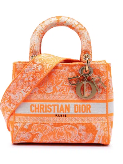 Pre-owned Dior 2022 Medium Embroidered Canvas Toile De Jouy Lady D Lite Satchel In Orange