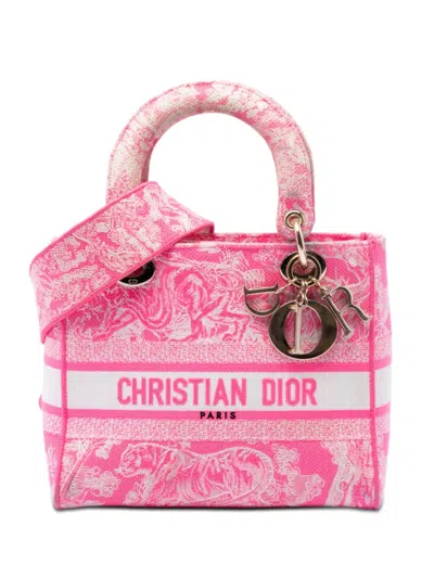 Pre-owned Dior 2022 Medium Embroidered Canvas Toile De Jouy Lady D Lite Satchel In Pink