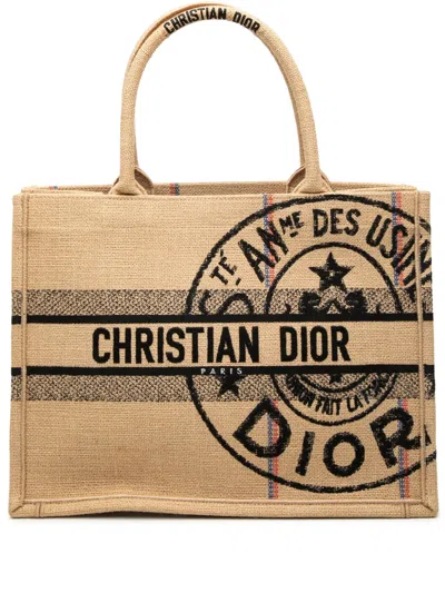 Pre-owned Dior 2022 Medium Jute Embroidered Book Tote Bag In Neutral