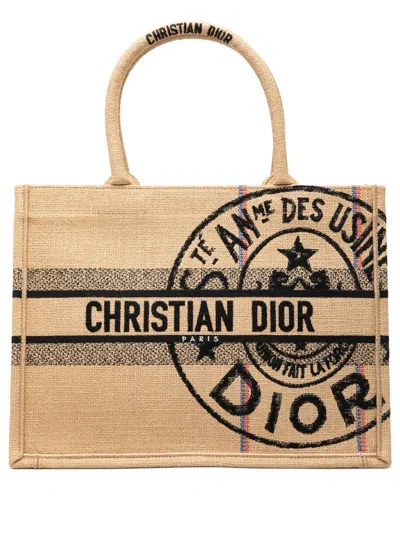 Pre-owned Dior 2022 Medium Jute Embroidered Book Tote Bag In Neutrals