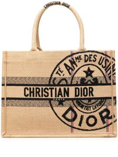 Pre-owned Dior 2022 Medium Jute Embroidered Book Tote Bag In Neutrals