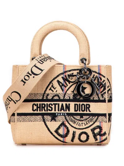 Pre-owned Dior 2022 Medium Jute Embroidered Lady D Lite Satchel In Brown
