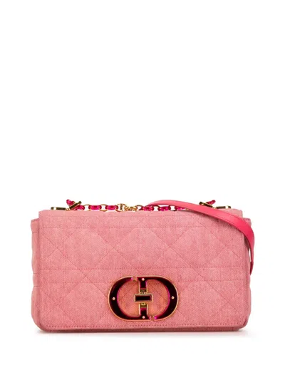 Pre-owned Dior 2022 Medium Macrocannage Denim Caro Crossbody Bag In Pink
