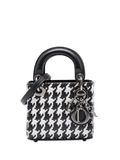 Pre-owned Dior 2022 Micro Calfskin Houndstooth Embossed Macro Lady  Satchel In Black