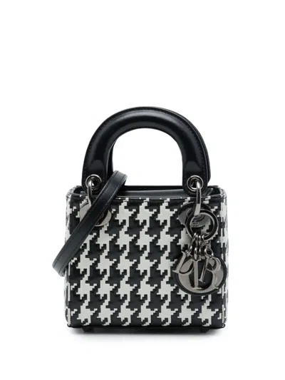 Pre-owned Dior 2022 Micro Calfskin Houndstooth Embossed Macro Lady  Satchel In Black