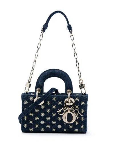 Pre-owned Dior 2022 Micro Denim Embroidered Star Lady D Joy Satchel In Blue