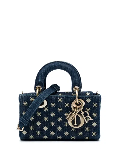 Pre-owned Dior 2022 Micro Denim Embroidered Star Lady D Joy Satchel In Blue