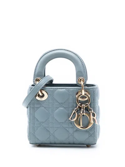 Pre-owned Dior 2022 Micro Lambskin Cannage Lady  Satchel In Blue