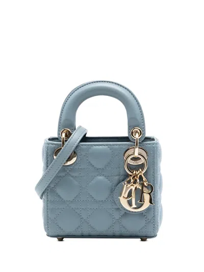 Pre-owned Dior 2022 Micro Lambskin Cannage Lady  Satchel In Blue