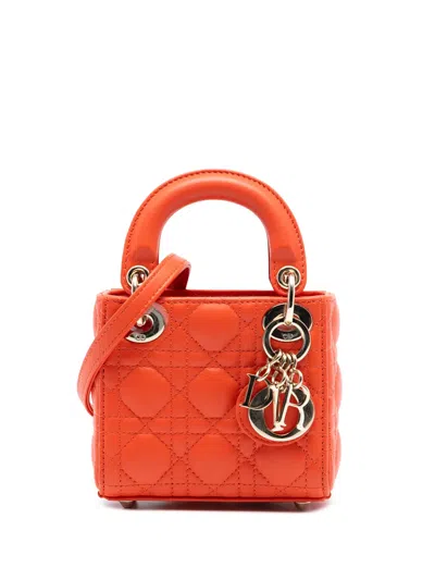 Pre-owned Dior 2022 Micro Lambskin Cannage Lady  Satchel In Orange