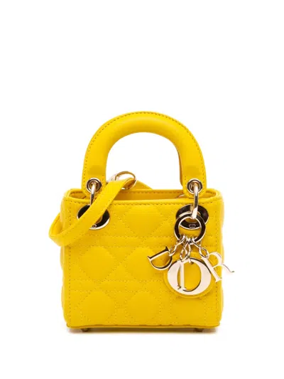 Pre-owned Dior 2022 Micro Lambskin Cannage Lady  Satchel In Yellow