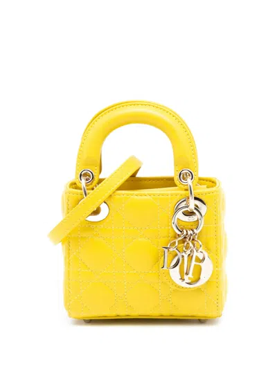 Pre-owned Dior 2022 Micro Lambskin Cannage Lady  Satchel In Yellow
