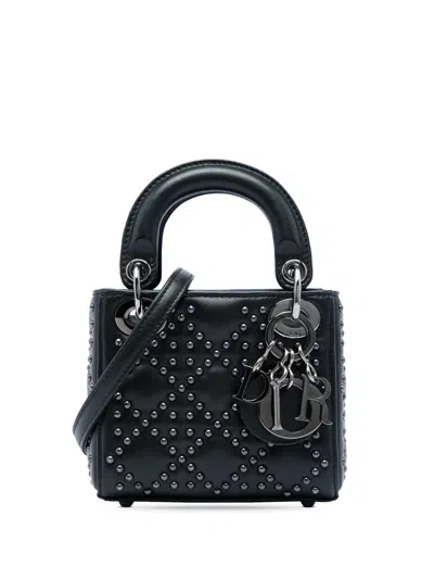 Pre-owned Dior 2022 Micro Lambskin Cannage Studded Supple Lady  Satchel In Black