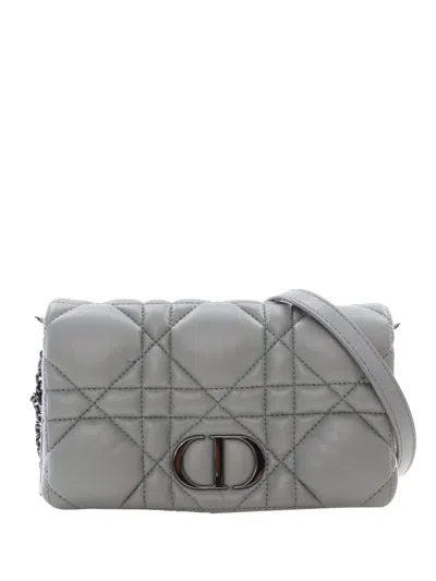 Pre-owned Dior 2022 Mini Calfskin Macrocannage Caro Bag Crossbody Bag In Gray