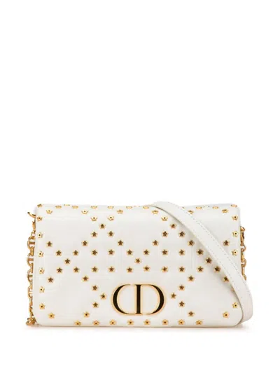 Pre-owned Dior 2022 Mini Calfskin Macrocannage Lucky Star Caro Crossbody Bag In White