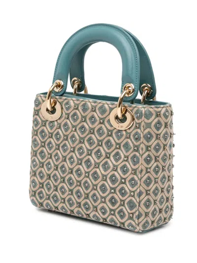 Pre-owned Dior 2022 Mini Canvas Honeycomb Embroidery Crystal Lady  Satchel In Brown
