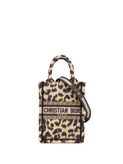Pre-owned Dior 2022 Mini Canvas Mizza Vertical Book Tote Satchel In Brown