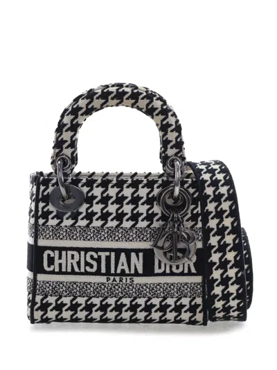 Pre-owned Dior 2022 Mini Embroidered Canvas Houndstooth Lady D Lite Satchel In White