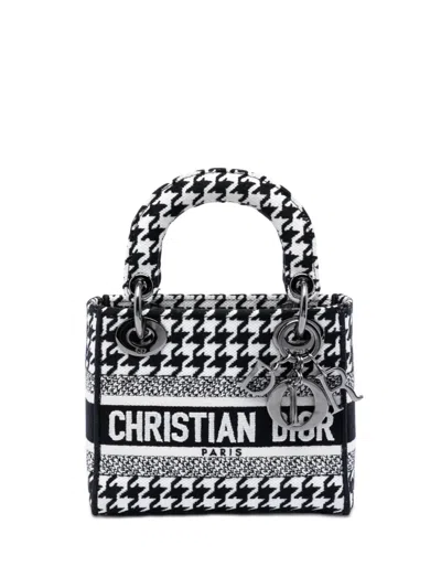 Pre-owned Dior 2022 Mini Embroidered Canvas Houndstooth Lady D Lite Satchel In White