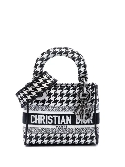 Pre-owned Dior 2022 Mini Embroidered Canvas Houndstooth Lady D Lite Satchel In White