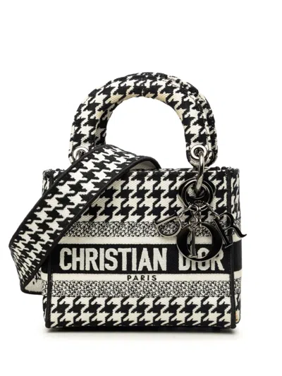 Pre-owned Dior 2022 Mini Embroidered Canvas Houndstooth Lady D Lite Satchel In White