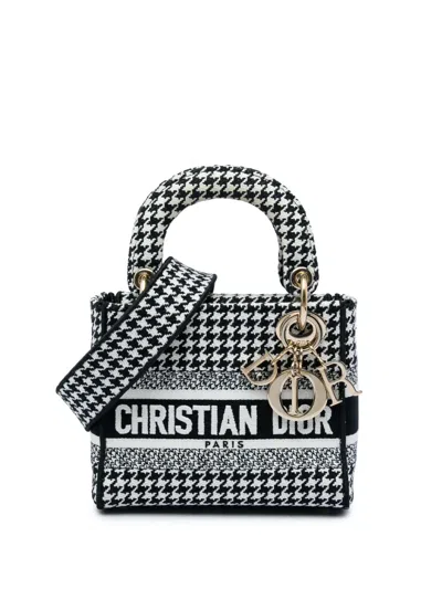 Pre-owned Dior 2022 Mini Embroidered Canvas Houndstooth Lady D Lite Satchel In White