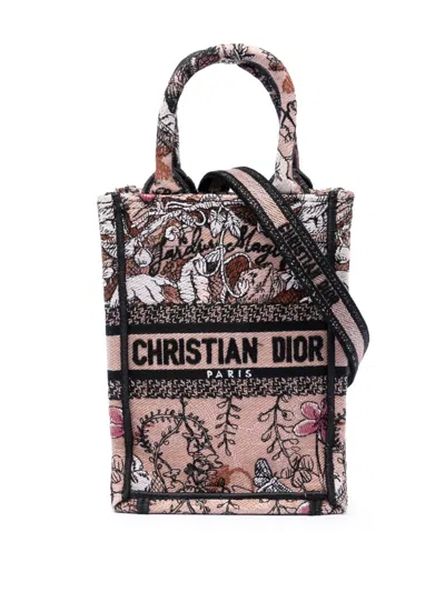 Pre-owned Dior 2022 Mini Embroidered Canvas Jardin Magique Vertical Book Tote Satchel In Pink