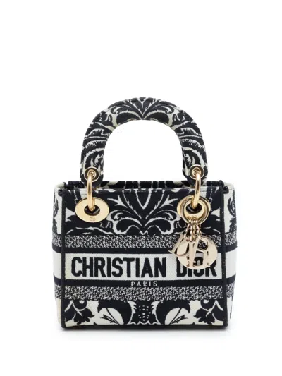 Pre-owned Dior 2022 Mini Embroidered Canvas Petites Fleurs Lady D Lite Satchel In Black