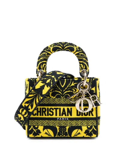 Pre-owned Dior 2022 Mini Embroidered Canvas Petites Fleurs Lady D Lite Satchel In Yellow