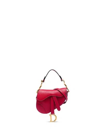 Pre-owned Dior 2022 Mini Grained Calfskin Saddle Bag Satchel In Red