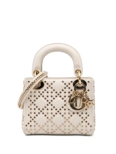 Pre-owned Dior 2022 Mini Lambskin Cannage Lucky Star Studded Lady  Satchel In White
