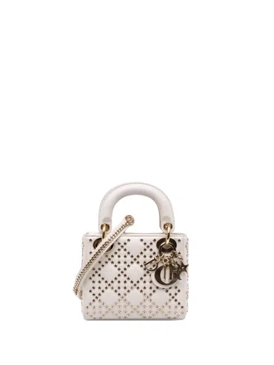 Pre-owned Dior 2022 Mini Lambskin Cannage Lucky Star Studded Lady  Satchel In White
