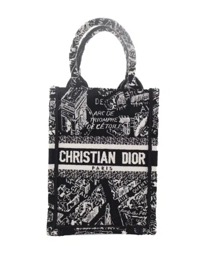Pre-owned Dior 2022 Mini Plan De Paris Logo Embroidered Canvas Vertical Book Tote Satchel In Black