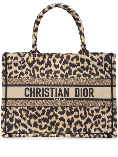 Pre-owned Dior 2022 Mizza Medium Embroidered Canvas Leopard Book Tote Bag