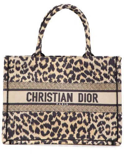 Pre-owned Dior 2022 Mizza Medium Embroidered Canvas Leopard Book Tote Bag In Brown