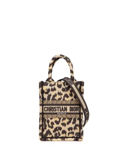 Pre-owned Dior 2022 Mizza Mini Embroidered Canvas Leopard Vertical Book Tote Satchel