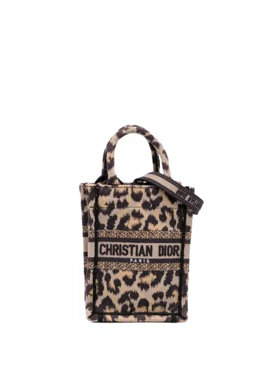Pre-owned Dior 2022 Mizza Mini Embroidered Canvas Leopard Vertical Book Tote Satchel In Brown