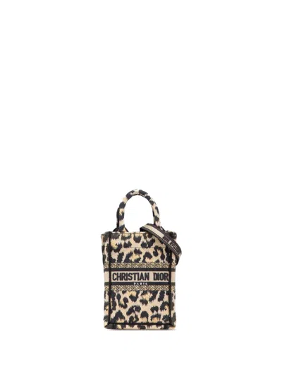 Pre-owned Dior 2022 Mizza Mini Embroidered Canvas Leopard Vertical Book Tote Satchel In Brown