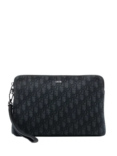 Pre-owned Dior 2022 Oblique Canvas A4 Zipped Pouch Clutch Bag In Black