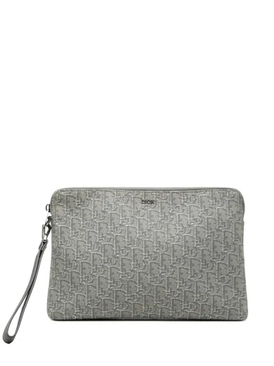 Pre-owned Dior 2022 Oblique Canvas A4 Zipped Pouch Clutch Bag In Gray