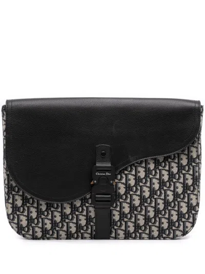 Pre-owned Dior 2022 Oblique Canvas And Leather Saddle A4 Pouch Clutch Bag In Blue
