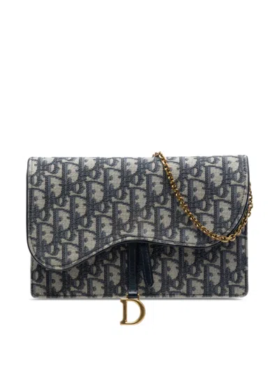 Pre-owned Dior 2022 Oblique Canvas Saddle Pouch Wallet On Chain Crossbody Bag In Blue