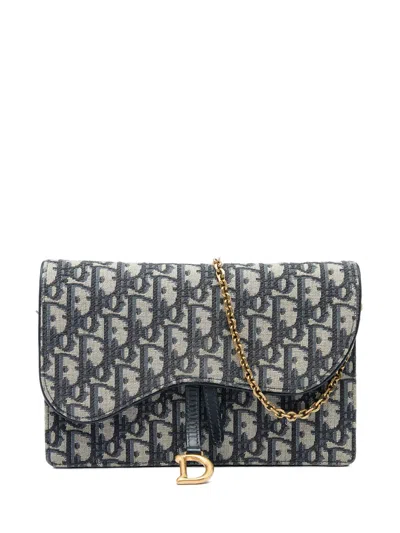 Pre-owned Dior 2022 Oblique Canvas Saddle Pouch Wallet On Chain Crossbody Bag In Blue