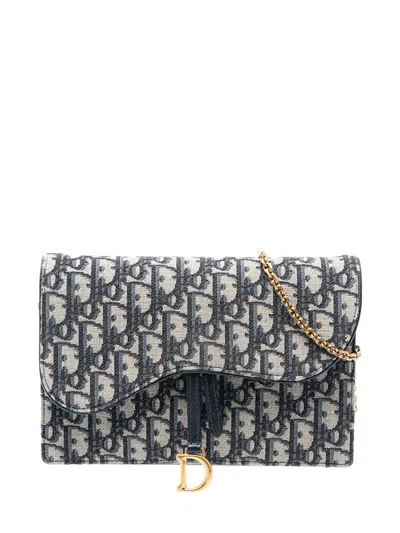 Pre-owned Dior 2022 Oblique Canvas Saddle Wallet On Chain Crossbody Bag In Blue