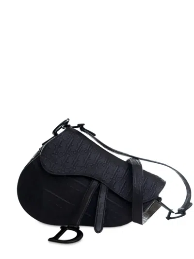 Pre-owned Dior 2022 Oblique Embossed Calfskin Saddle Bag Shoulder Bag In Black